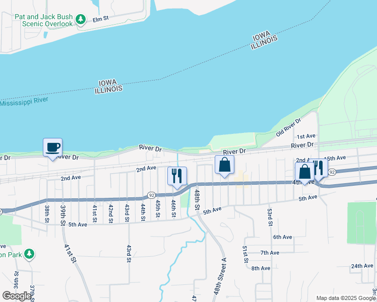 map of restaurants, bars, coffee shops, grocery stores, and more near 3000 River Drive in Moline
