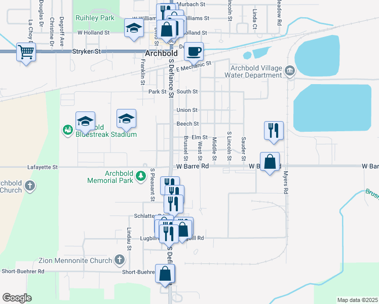 map of restaurants, bars, coffee shops, grocery stores, and more near 504 Brussel St in Archbold