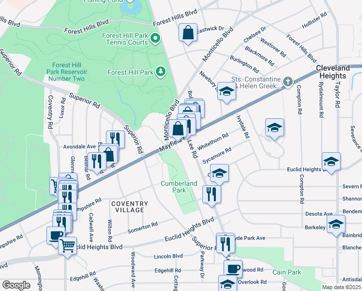 map of restaurants, bars, coffee shops, grocery stores, and more near 3070 U.S. 322 in Cleveland Heights