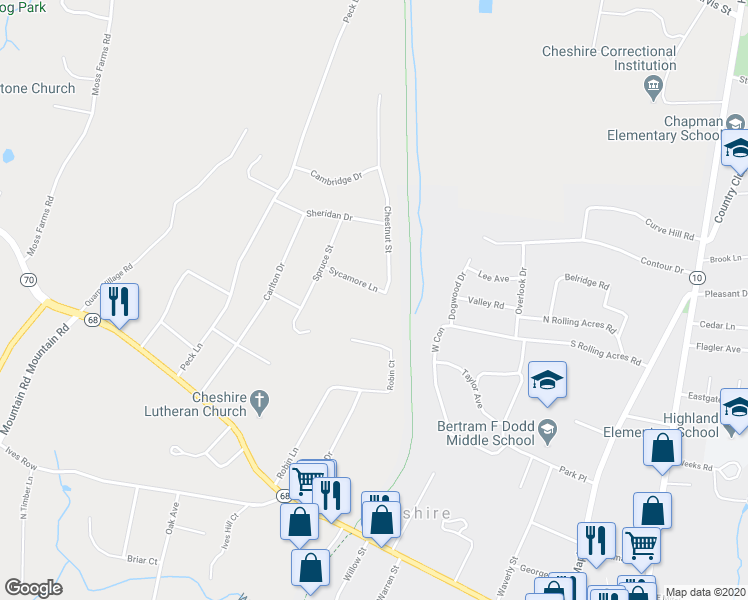map of restaurants, bars, coffee shops, grocery stores, and more near 355 Sycamore Lane in Cheshire