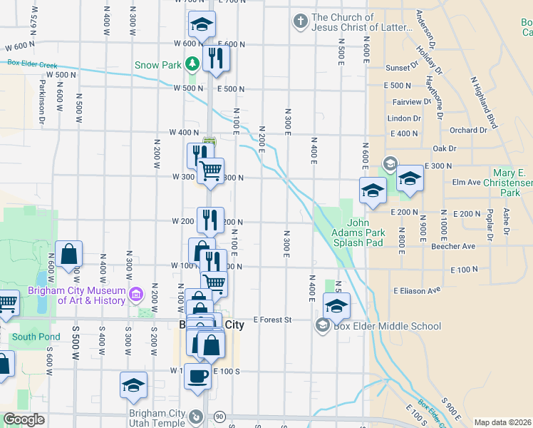 map of restaurants, bars, coffee shops, grocery stores, and more near 225 North 200 East in Brigham City