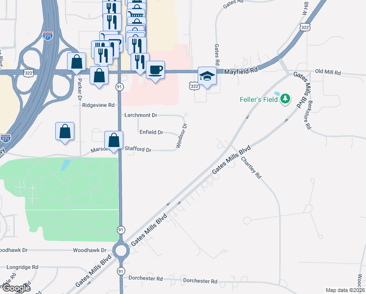 map of restaurants, bars, coffee shops, grocery stores, and more near 1648 Windsor Drive in Mayfield Heights