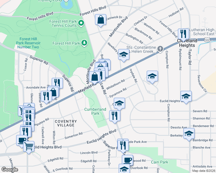 map of restaurants, bars, coffee shops, grocery stores, and more near 1633 Lee Road in Cleveland Heights