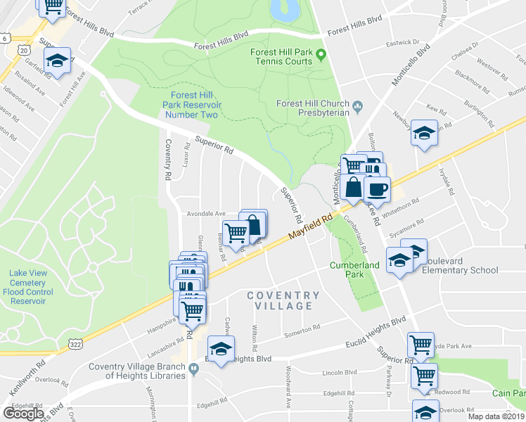 map of restaurants, bars, coffee shops, grocery stores, and more near 1612 Hillcrest Road in Cleveland Heights