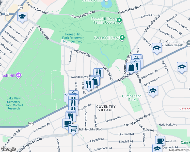 map of restaurants, bars, coffee shops, grocery stores, and more near 1612 Hillcrest Road in Cleveland Heights