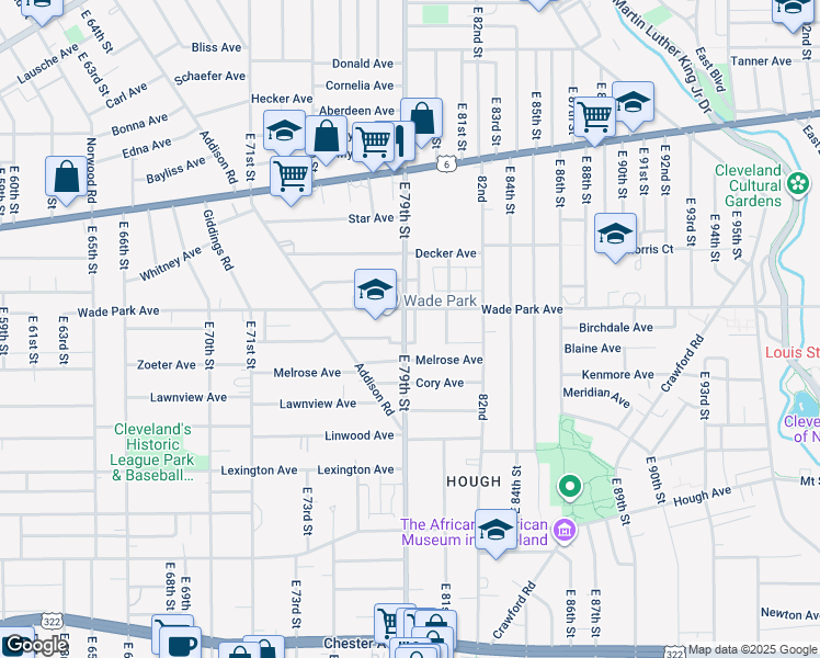map of restaurants, bars, coffee shops, grocery stores, and more near 1507 East 80th Street in Cleveland