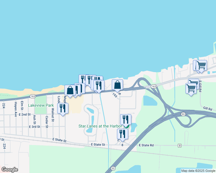 map of restaurants, bars, coffee shops, grocery stores, and more near 1803 East Perry Street in Port Clinton