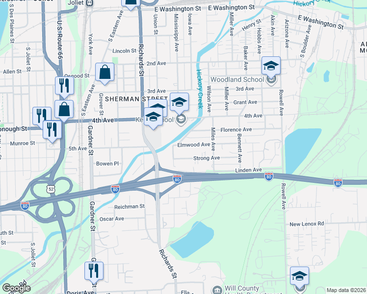 map of restaurants, bars, coffee shops, grocery stores, and more near 405 Elmwood Avenue in Joliet