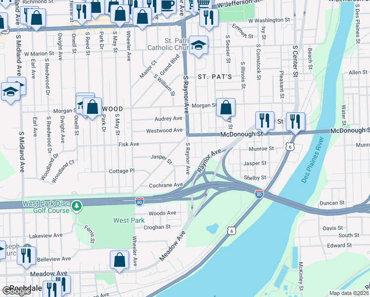 map of restaurants, bars, coffee shops, grocery stores, and more near 403 South Raynor Avenue in Joliet
