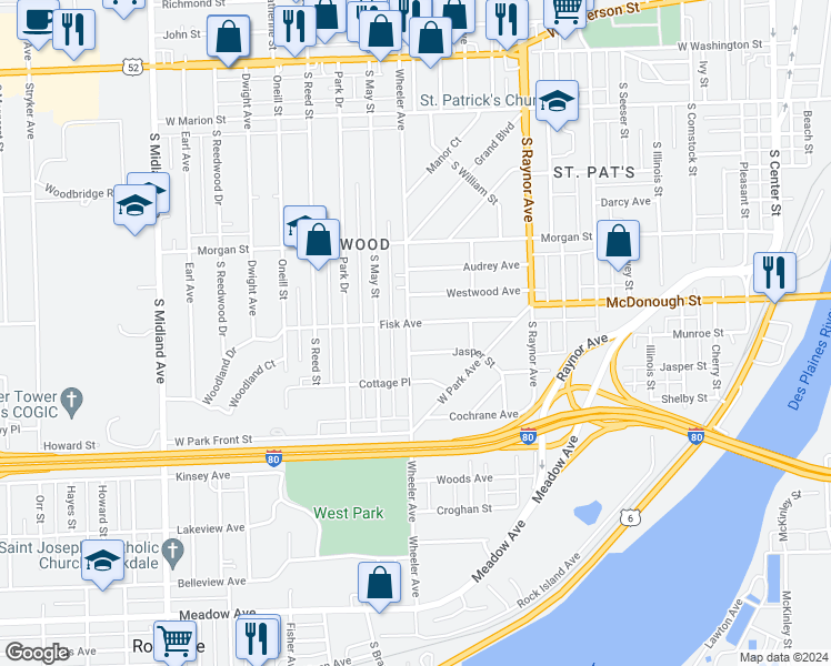 map of restaurants, bars, coffee shops, grocery stores, and more near 339 Wheeler Avenue in Joliet