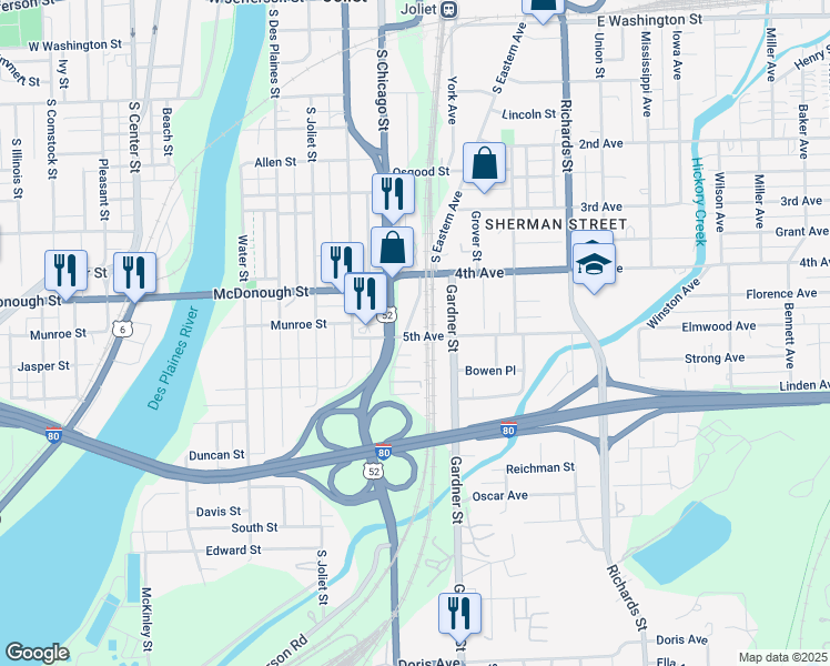 map of restaurants, bars, coffee shops, grocery stores, and more near 422 South Eastern Avenue in Joliet
