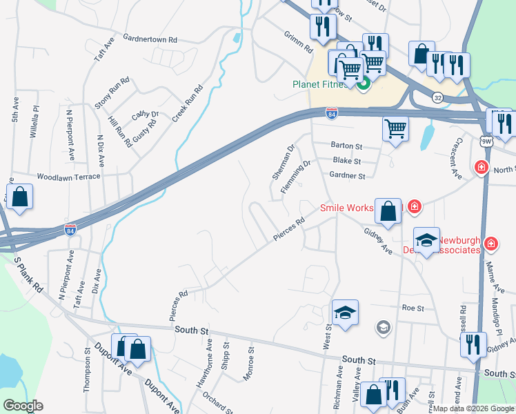 map of restaurants, bars, coffee shops, grocery stores, and more near 14 Williamsburg Drive in Newburgh