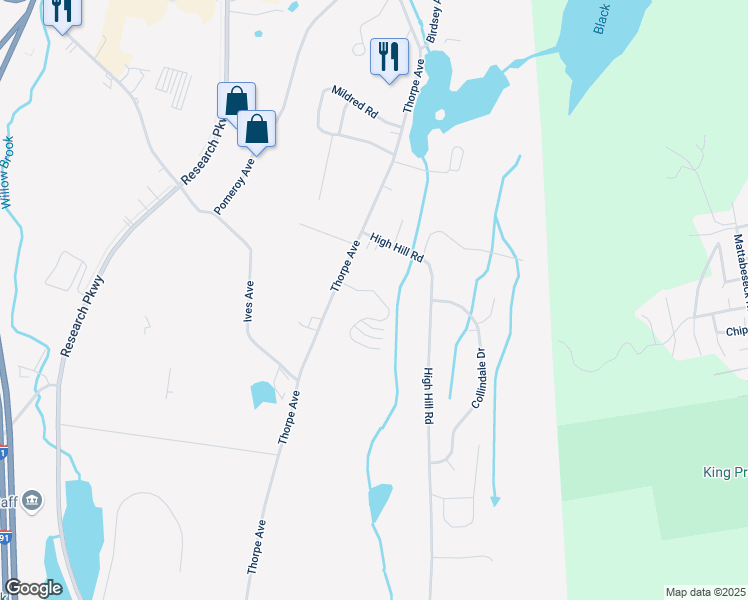 map of restaurants, bars, coffee shops, grocery stores, and more near 292 Thorpe Avenue in Meriden
