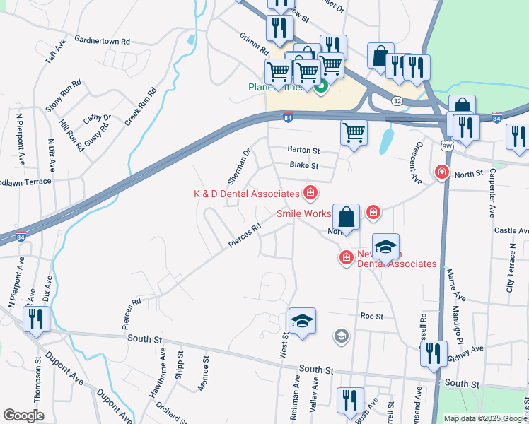 map of restaurants, bars, coffee shops, grocery stores, and more near 6 Circle Drive in Newburgh