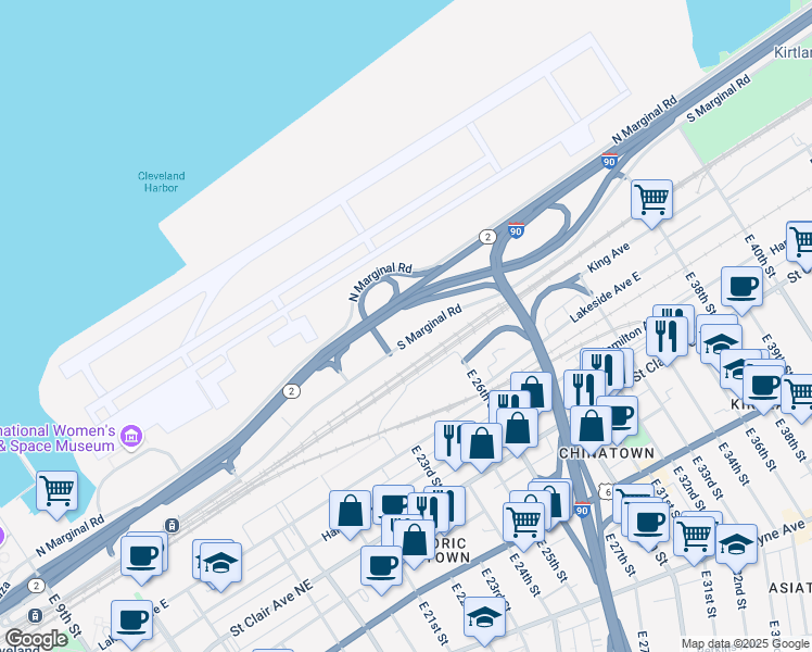 map of restaurants, bars, coffee shops, grocery stores, and more near South Marginal Road in Cleveland