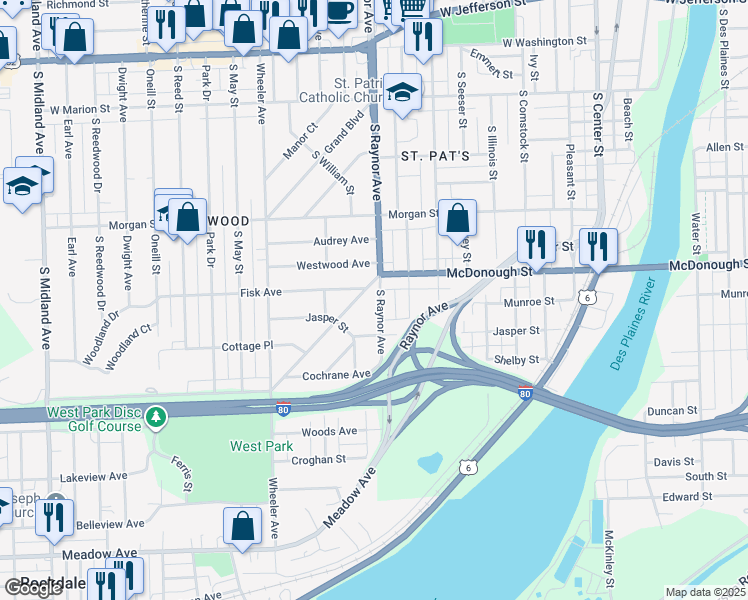 map of restaurants, bars, coffee shops, grocery stores, and more near 403 South Raynor Avenue in Joliet