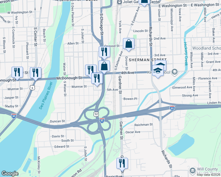 map of restaurants, bars, coffee shops, grocery stores, and more near 418 South Eastern Avenue in Joliet
