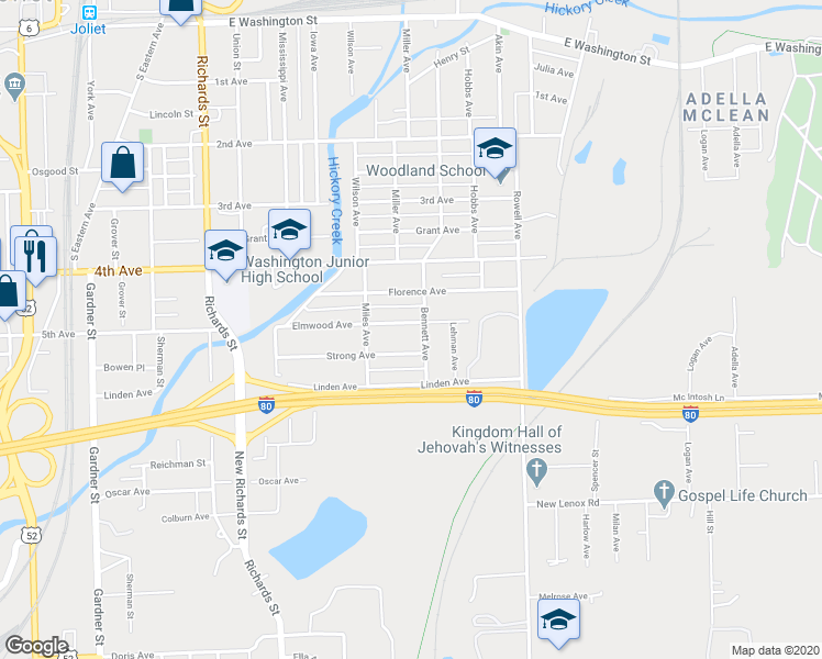 map of restaurants, bars, coffee shops, grocery stores, and more near 520 Elmwood Avenue in Joliet