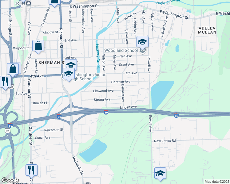 map of restaurants, bars, coffee shops, grocery stores, and more near 514 Elmwood Avenue in Joliet