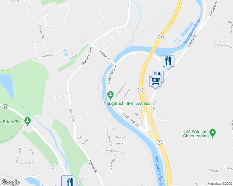 map of restaurants, bars, coffee shops, grocery stores, and more near 15 Winthrop Avenue in Waterbury