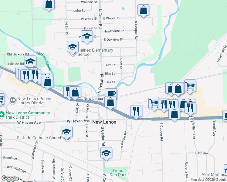 map of restaurants, bars, coffee shops, grocery stores, and more near 380 North Cedar Road in New Lenox