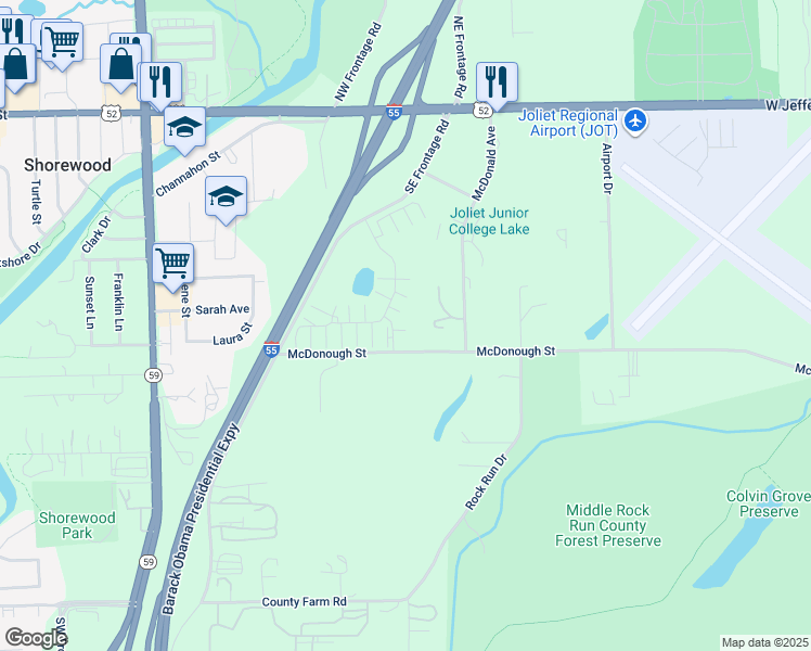 map of restaurants, bars, coffee shops, grocery stores, and more near 350 Tall Tree Lane in Joliet