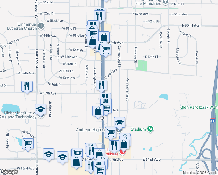 map of restaurants, bars, coffee shops, grocery stores, and more near 5645 Massachusetts Street in Merrillville