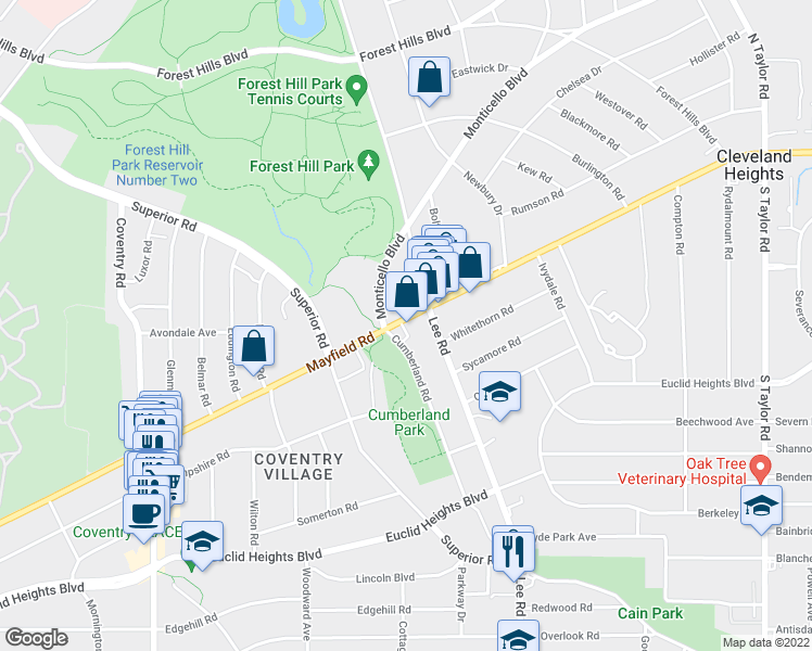 map of restaurants, bars, coffee shops, grocery stores, and more near 3070 U.S. 322 in Cleveland Heights
