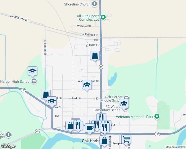 map of restaurants, bars, coffee shops, grocery stores, and more near 117 Jefferson St in Oak Harbor