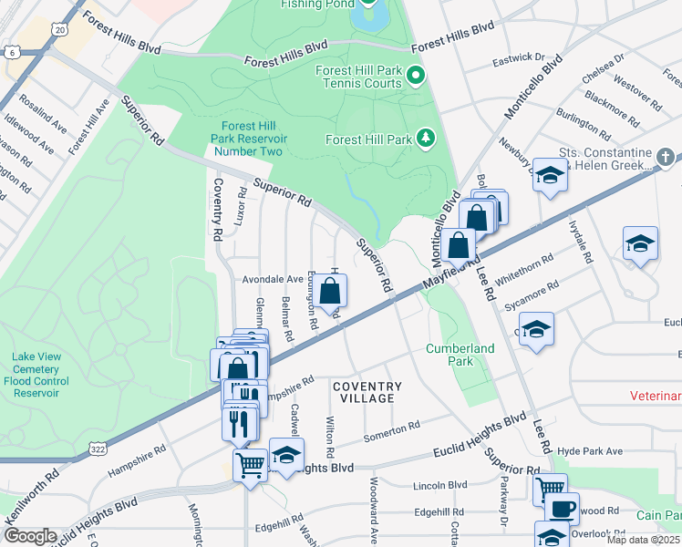 map of restaurants, bars, coffee shops, grocery stores, and more near 1619 Hillcrest Road in Cleveland Heights