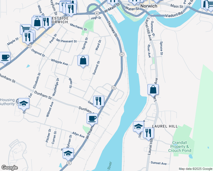 map of restaurants, bars, coffee shops, grocery stores, and more near 5 Woodmansee Avenue in Norwich