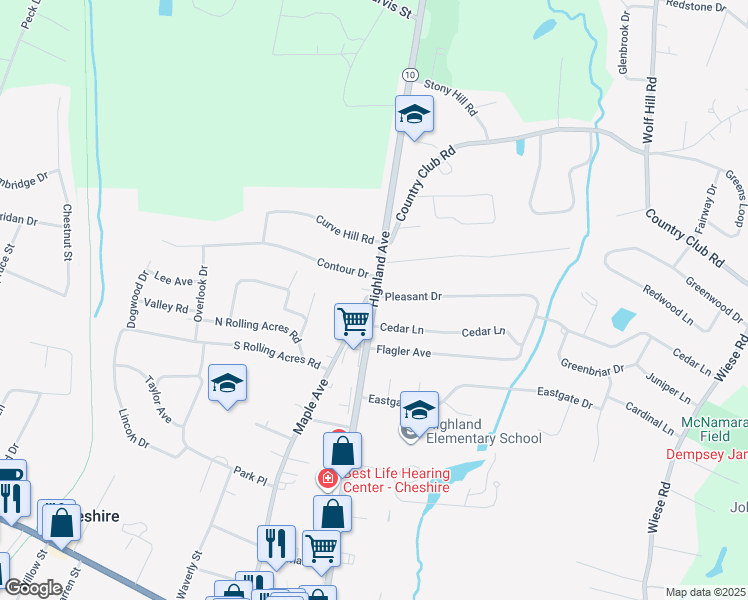 map of restaurants, bars, coffee shops, grocery stores, and more near 649 Maple Avenue in Cheshire