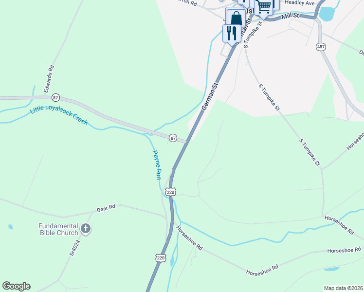 map of restaurants, bars, coffee shops, grocery stores, and more near 12000 Pennsylvania 87 in Dushore