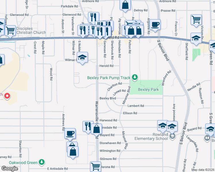 map of restaurants, bars, coffee shops, grocery stores, and more near 4018 Corwin Road in South Euclid