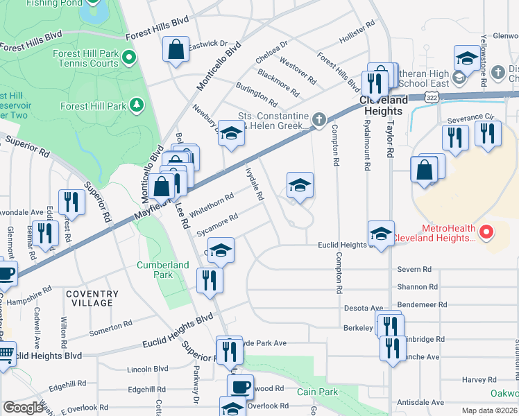map of restaurants, bars, coffee shops, grocery stores, and more near 3239 Sycamore Road in Cleveland Heights