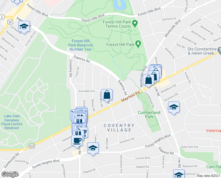 map of restaurants, bars, coffee shops, grocery stores, and more near 1612 Hillcrest Road in Cleveland Heights