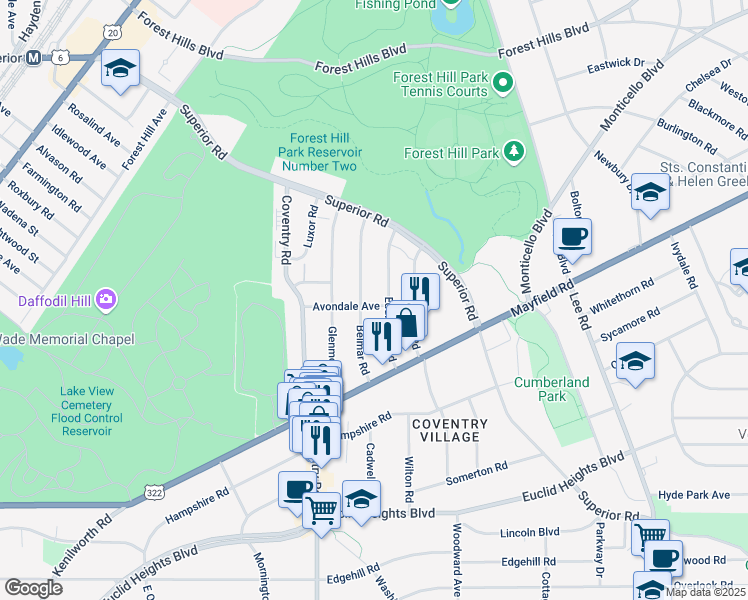 map of restaurants, bars, coffee shops, grocery stores, and more near 2863 Avondale Avenue in Cleveland Heights