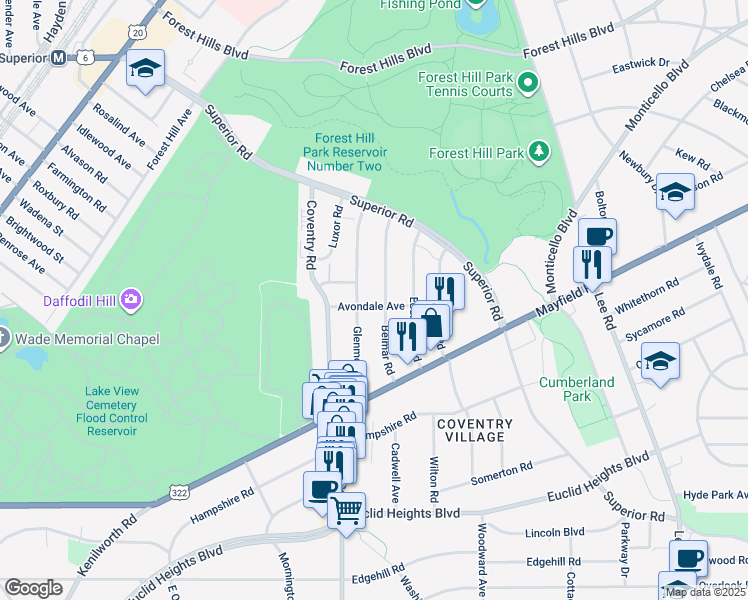 map of restaurants, bars, coffee shops, grocery stores, and more near 1609 Glenmont Road in East Cleveland