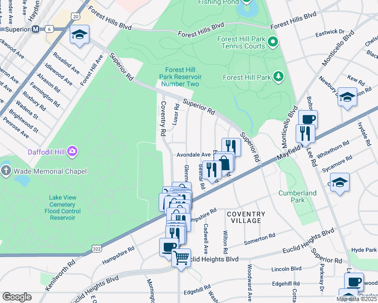 map of restaurants, bars, coffee shops, grocery stores, and more near 1609 Glenmont Road in East Cleveland