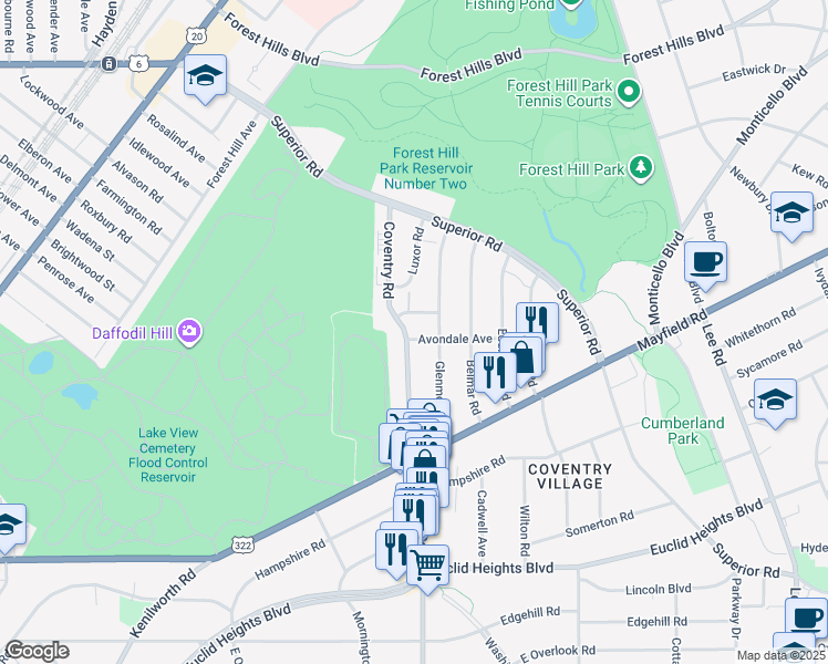 map of restaurants, bars, coffee shops, grocery stores, and more near 13992 Mont Avenue in East Cleveland
