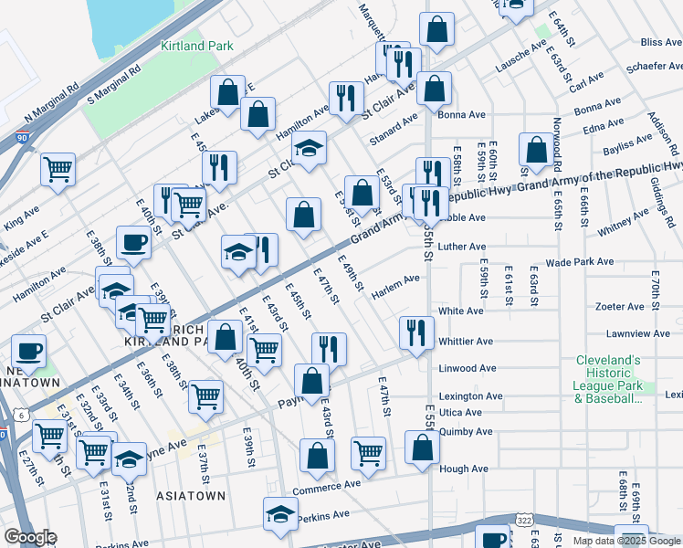 map of restaurants, bars, coffee shops, grocery stores, and more near 5000 Superior Avenue in Cleveland