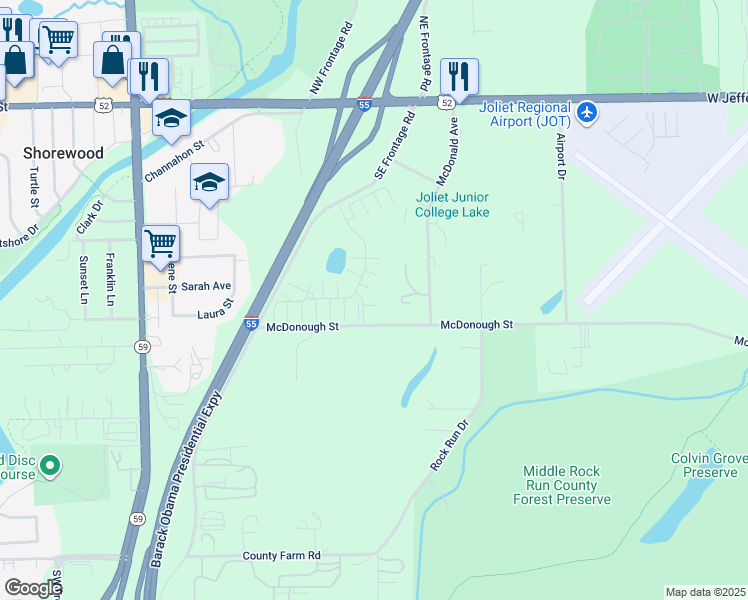map of restaurants, bars, coffee shops, grocery stores, and more near 350 Tall Tree Lane in Joliet