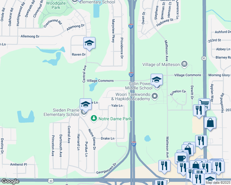 map of restaurants, bars, coffee shops, grocery stores, and more near 5330 Northwestern Drive in Matteson