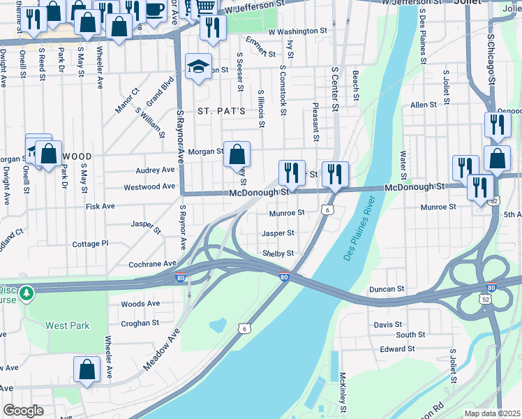 map of restaurants, bars, coffee shops, grocery stores, and more near 412 Illinois Street in Joliet