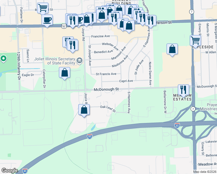 map of restaurants, bars, coffee shops, grocery stores, and more near 2217 McDonough Street in Joliet