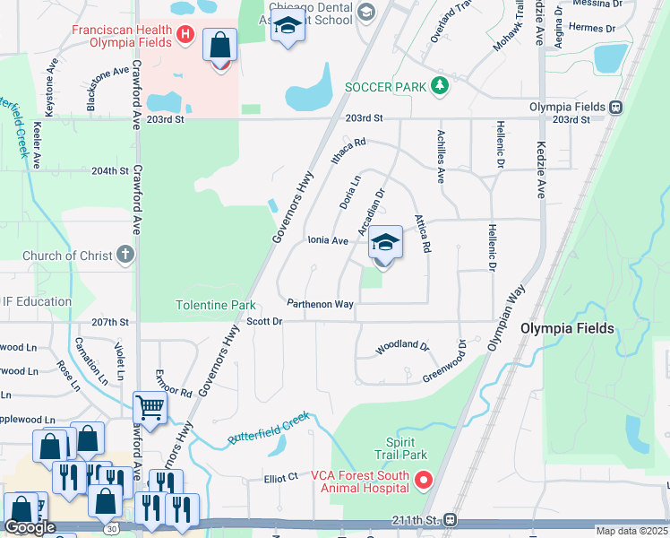 map of restaurants, bars, coffee shops, grocery stores, and more near 20526 Arcadian Drive in Olympia Fields