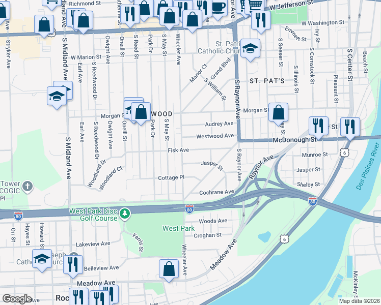 map of restaurants, bars, coffee shops, grocery stores, and more near 918 Fisk Avenue in Joliet