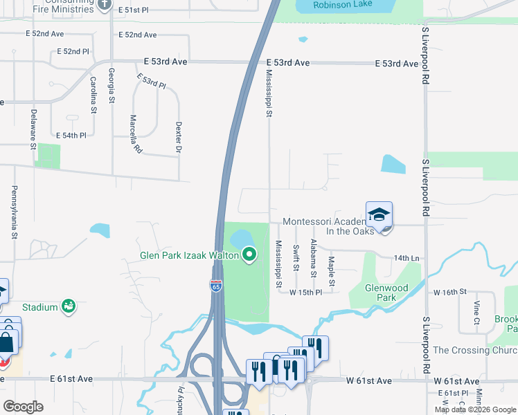 map of restaurants, bars, coffee shops, grocery stores, and more near 5607 Indiana Street in Hobart