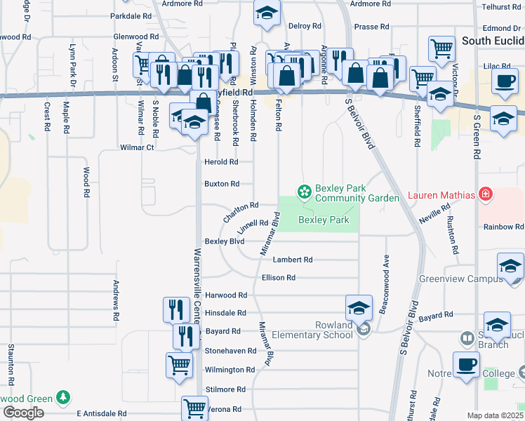 map of restaurants, bars, coffee shops, grocery stores, and more near 4108 Charlton Rd in South Euclid