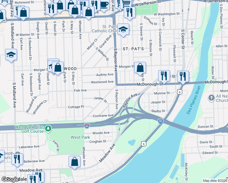 map of restaurants, bars, coffee shops, grocery stores, and more near 403 South Raynor Avenue in Joliet